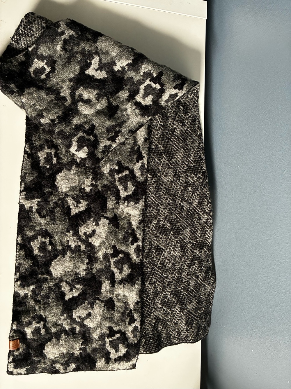 Cole Haan Black and Gray Patterned Knit Scarf